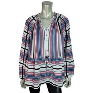 Lane Bryant Peasant Top Plus Size‎ 14/16 Drawstring Waist Half Button Up Blue